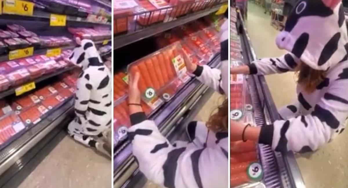 Vegana se viste de vaca y llora en la sección de carnes en un supermercado. Foto: Youtube