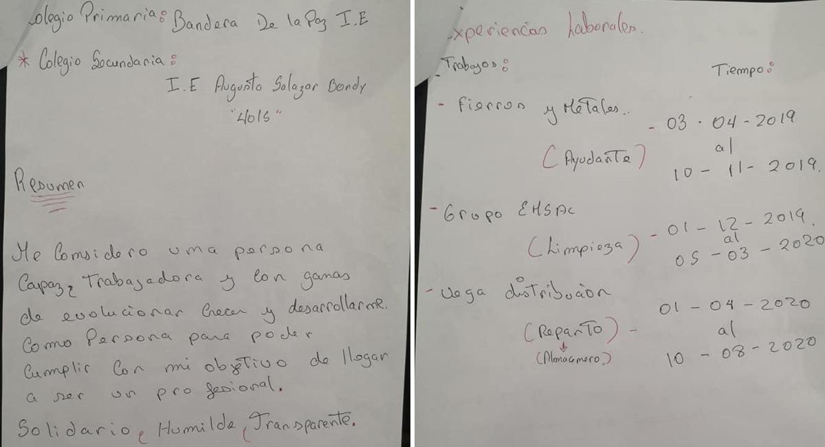Joven peruano busca trabajo con hoja de vida escrita a mano. Foto: Twitter @FiorelaAyls