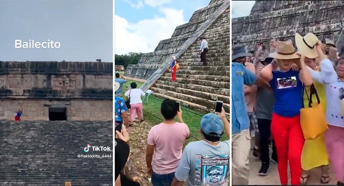 Lady Chichén Itzá: Mujer es bajada de las greñas tras subir a pirámide de Kukulkán. Foto: Twitter